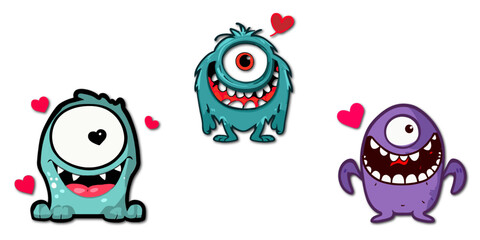 Funny monsters with a heart. Cartoon love ghosts.