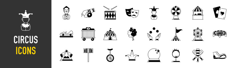 Amusement Park minimal web icon set. Included the icons as Rollercoaster, Carousel, Circus, Ferros Wheel and more. Icons collection. Simple vector.