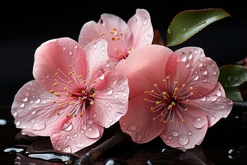 There are two pink flowers with water droplets on a black surface. (Generative AI)