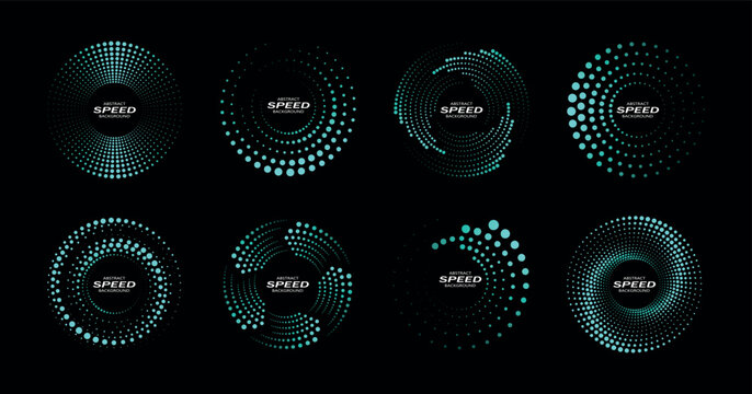 Speed lines in circle form. Thick halftone dotted speed lines. Design element for technology round logo, frame, tattoo, web pages, prints, posters. Abstract background template