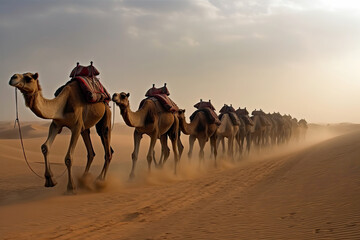 Camel caravan through desert dunes. Amazing African Wildlife. Generative Ai