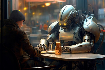 Man having coffee with futuristic robot IA