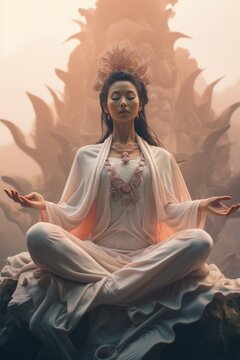 A beautiful woman in a white dress sits in stillness and serenity, meditating in a peaceful and zen-like pose, embodying the power of yoga, art, and mythology