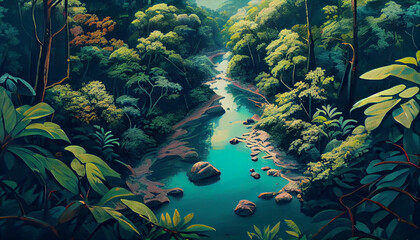 An immersive drone view of a lush jungle, dense foliage stretching as far as the eye can see,
Created using generative AI tools