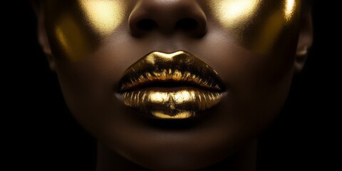 Golden Lips, Close-Up of Frontal Black Womans Face with Highlighted Golden Lips in Dark Paradise Style © Ben
