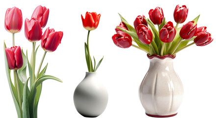 Set of red tulips / flowers. Bouquet of red tulips in a white ceramic vase. One tulip in a white vase. Isolated on a transparent background. KI.