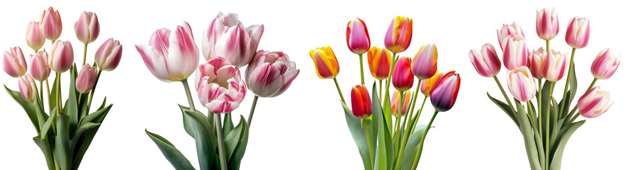 Set of tulips/flowers. Bouquet of pink, colorful and striped tulips. Isolated on a transparent background. KI.