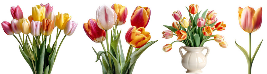 Fototapeta premium Set of colorful tulips/flowers. Bouquet of colorful tulips in a white vase. Colorful tulip close up. Isolated on a transparent background. KI.