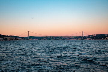 Sea waves and Bosphorus bridge view. Istanbul Türkiye