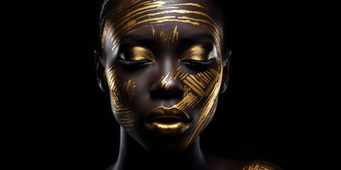 Obraz premium Golden Lips, Close-Up of Frontal Black Womans Face with Highlighted Golden Lips in Dark Paradise Style