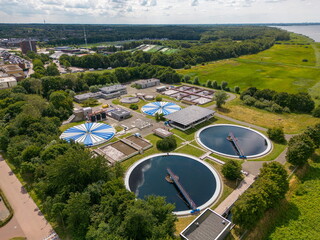 Aerial drone photo of a water treatment plant in Huizen, the Netherlands