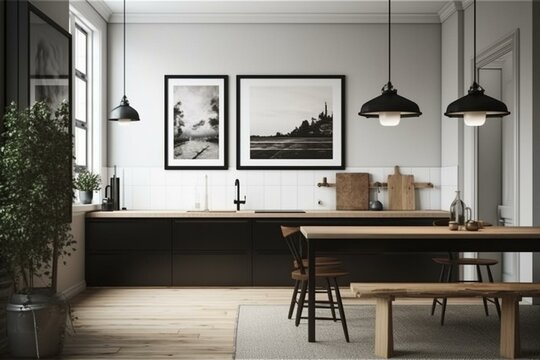 Fototapeta 3D illustration of a Scandinavian styled kitchen interior with a mockup poster frame. Generative AI
