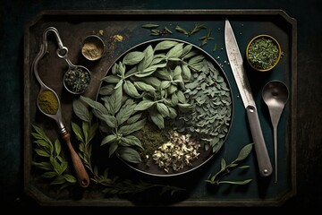 A tray of herbs, scissors, knife, spoon and bowl of herbs with spoon. Generative AI