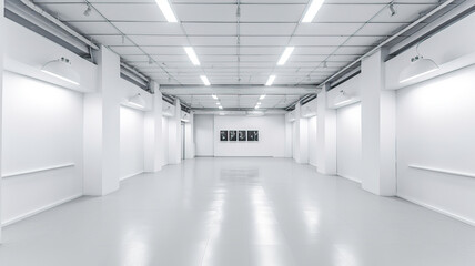 Black and White Photograph in an Empty White Gallery