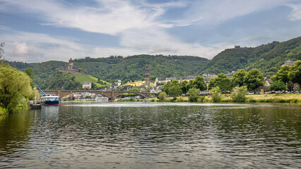 View on the German city of Cochem with the colored houses and the Reichsburg Cochem castle