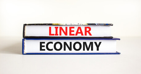 Linear economy symbol. Concept words Linear economy on beautiful books. Beautiful white table white background. Business linear economy concept. Copy space.