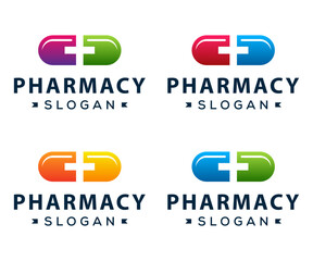 Medicine logo design. Medicine icon vector design template. Capsule vector logo design. Pill plus logo design template