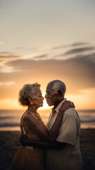 Elderly pair hugging, embracing love at sunset