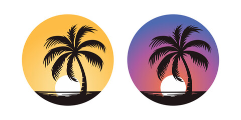 Vector Palm Trees, Palm Tree Icon Set Isolated. Palm Silhouettes on Sunset Background. Design Template for Tropical, Vacation, Beach, Summer Concept. Vector Illustration. Front View