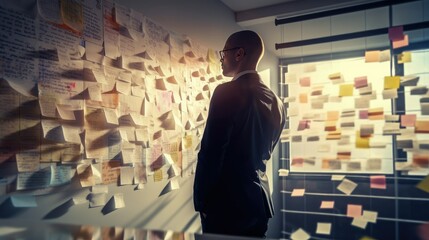 Puzzled businessman stands near board with lots of sticky notes for reminders, he has no idea where to begin, business multitasking concept, business tasks organization process, generative AI