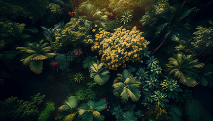 An immersive drone view of a lush jungle, dense foliage stretching as far as the eye can see,
Created using generative AI tools
