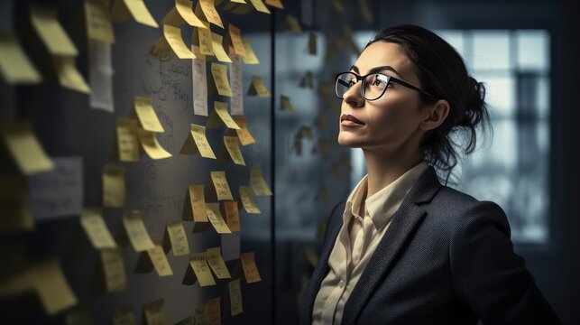 Puzzled businesswoman stands near board with lots of sticky notes for reminders, he has no idea where to begin, business multitasking concept, business tasks organization process, generative AI