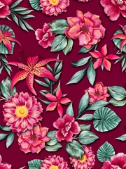 Fotobehang Watercolor flowers pattern, red tropical elements, green leaves, red background, seamless © Leticia Back