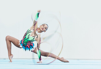 Gymnastics performance, woman and ribbon in portrait for competition, sport or fitness on studio...