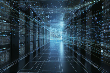 futuristic corridor of data center internet cloud server visualization of datastreams
