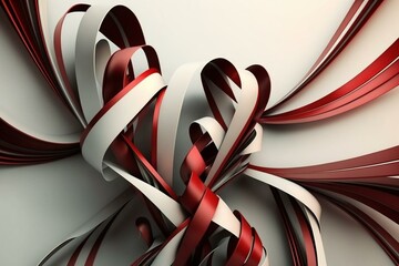 3D graphics of crimson ribbons on pale setting. Generative AI