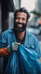 A cleaner standing in the street and smiling for the camera