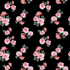 Watercolor flowers pattern, red tropical elements, green leaves, black background, seamless