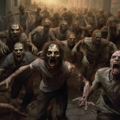 horde of angry zombies with red eyes running at me - obrazy, fototapety, plakaty