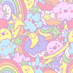 Gentle LGBTQ pride seamless pattern. Colorful hand drawn rainbow and stars background.