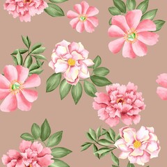 Watercolor flowers pattern, red tropical elements, green leaves, neutral background, seamless