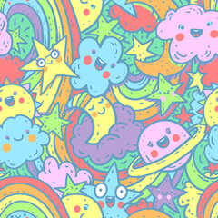 Cute LGBTQ pride seamless pattern. Colorful hand drawn rainbow and stars background.