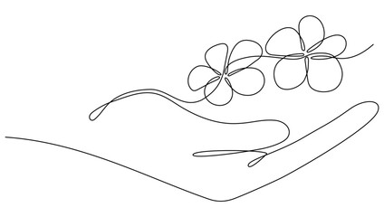 Hand holds flower continuous line art drawing. Plumeria one line symbol. Frangipani blossom. Vector illustration isolated on white.
