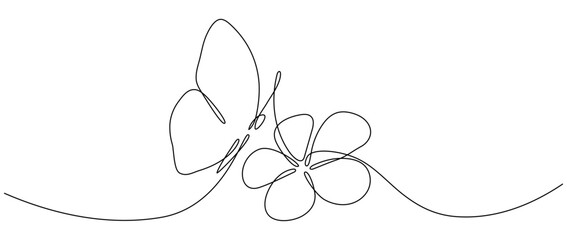 Flower with flying butterfly continuous line art drawing. Plumeria one line symbol. Vector illustration isolated on white.