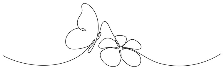 Flower with flying butterfly continuous line art drawing. Plumeria one line symbol. Vector illustration isolated on white.