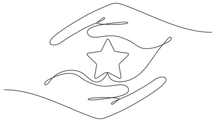Hands hold star continuous line drawing. Human arms palms. Vector illustration isolated on white.