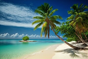 A serene beach with crystal blue water, pristine sand and coconut tree. Ideal for a summer getaway. Generative AI