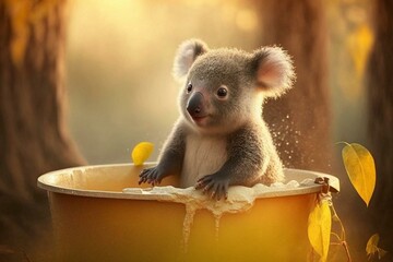 Cute baby koala enjoying bath in a sunny yellow tub. Generative AI