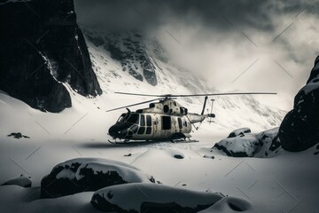 Helicopter lands on snowy glacier for service and rescue. Generative AI