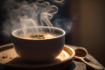Steaming Hot Bowl of Soup with Aromatic Steam Rising from the Savory Broth, Generative AI