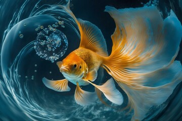 A goldfish swimming in blue swirling water. Generative AI
