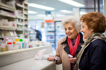 Obraz premium Generative AI illustration of people buying medicines in a big pharmacy