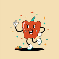 Comic flat Red Pepper with face on decorated background. Vector cartoon illustration in groovy retro style with paprika. Square image of cute red vegetable character with smile for banner or poster