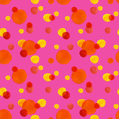 Seamless pattern of orange, red, yellow circle dots. Hand drawn illustration. Hand painted elements on pink background.