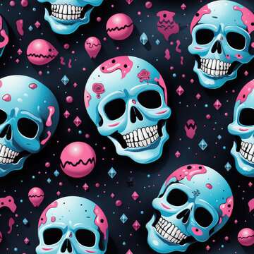 Skull abstract colorful seamless repeat pattern 3d Memphis