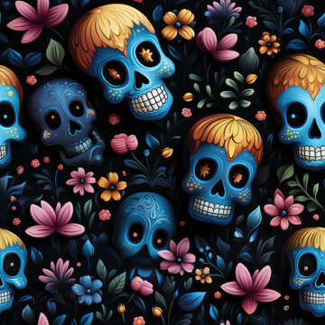Skull abstract colorful seamless repeat pattern 3d Memphis